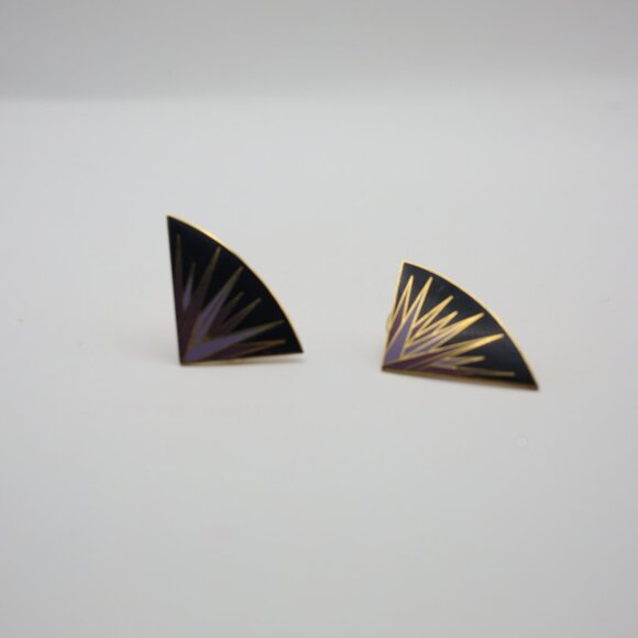 Vintage Isle of Skye Purple & Black Fan Earrings, Cloisonné Gold Plated Enamel - Picture 8 of 9